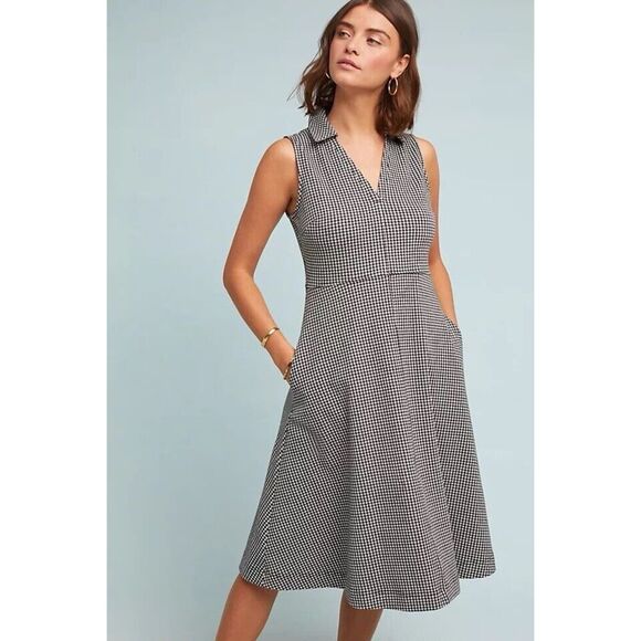 Anthropolgie Maeve Black White Check Gingham Sleeveless Collared Knit Dress 2 - Picture 1 of 4